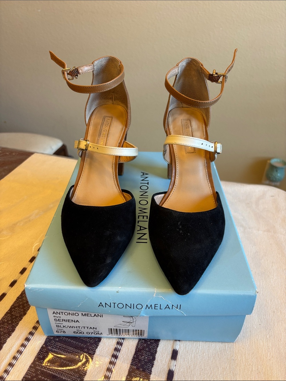 ANTONIO MELANI Black and Tan Pointed Toe Ankle-Strap Heels